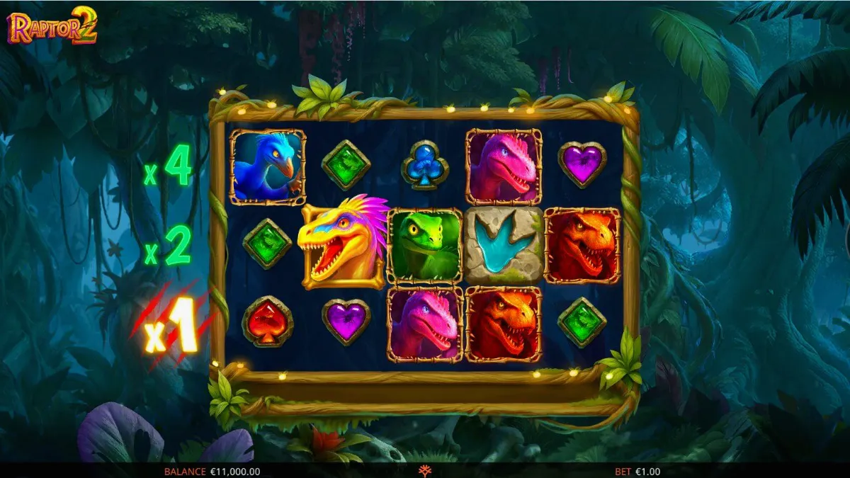 Raptor 2 DoubleMax slot game screen featuring dinosaur symbols and jungle theme